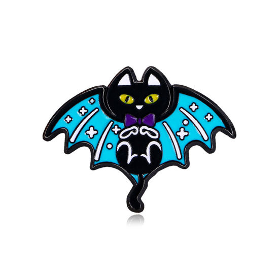 Picture of 1 Piece Cute Pin Brooches Cat Animal Halloween Bat Blue & Black Enamel 3.5cm x 2.6cm