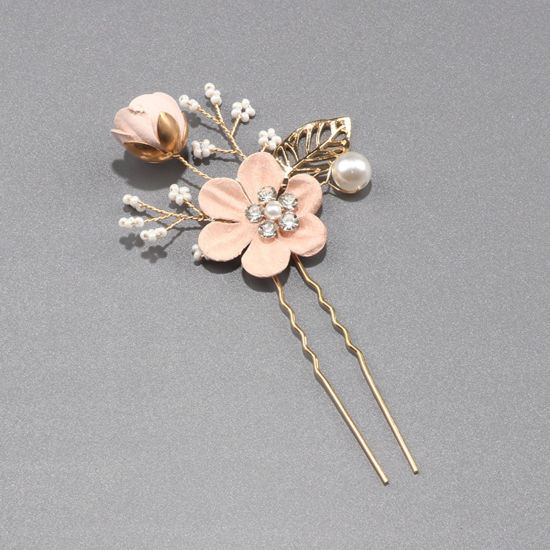 Picture of 1 Piece Fabric Wedding Updo Tuck Comb Gold Plated Pink Flower Imitation Pearl 10.5cm x 6.5cm