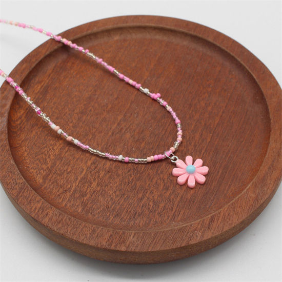 Picture of 1 Piece Lampwork Glass Pastoral Style Pendant Necklace Pink Daisy Flower Beaded 38cm(15") long
