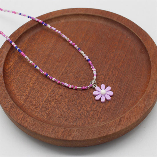 Picture of 1 Piece Lampwork Glass Pastoral Style Pendant Necklace Purple Daisy Flower Beaded 38cm(15") long