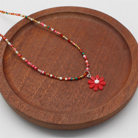 Picture of 1 Piece Lampwork Glass Pastoral Style Pendant Necklace Red Daisy Flower Beaded 38cm(15") long