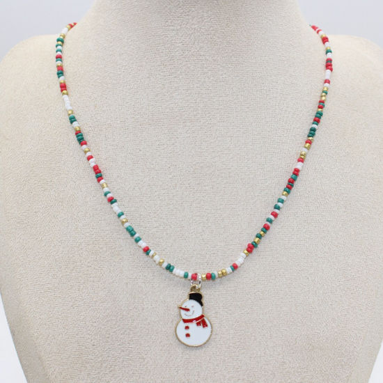 Picture of 1 Piece Lampwork Glass Stylish Pendant Necklace Multicolor Christmas Snowman Beaded 38cm(15") long