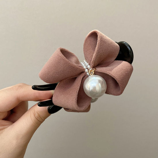 Picture of 1 Piece Plastic & Velvet Elegant Hair Claw Clips Clamps Pale Pinkish Gray Bowknot Imitation Pearl 8cm x 6cm