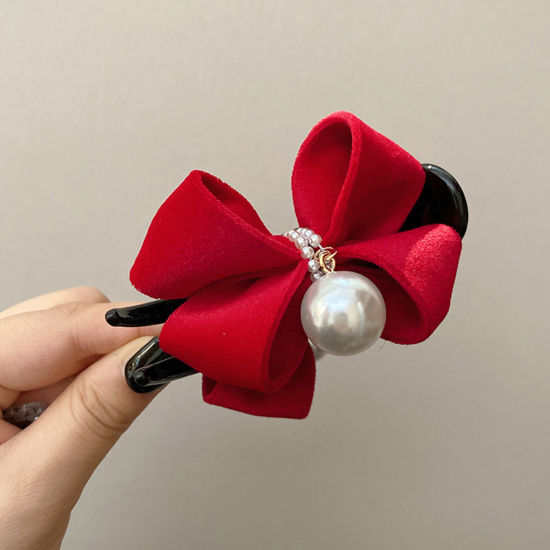 Picture of 1 Piece Plastic & Velvet Elegant Hair Claw Clips Clamps Red Bowknot Imitation Pearl 8cm x 6cm
