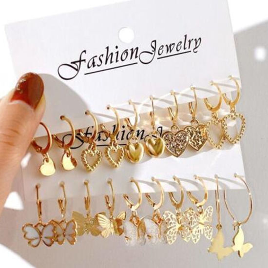 Picture of 1 Set ( 10 Pairs/Set) Stylish Earrings Gold Plated Heart Butterfly 2cm-5cm