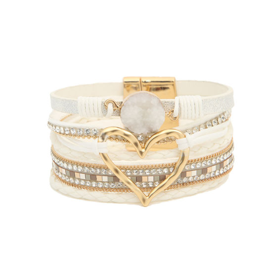 Picture of 1 Piece PU Leather Boho Chic Bohemia Multilayer Layered Bracelet Gold Plated White Heart 19cm(7 4/8") long