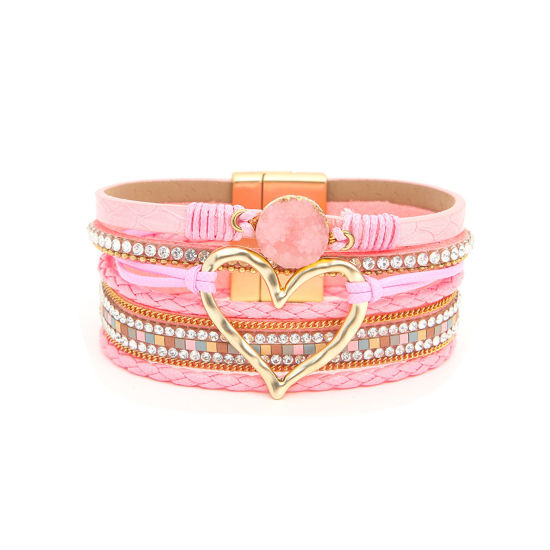 Picture of 1 Piece PU Leather Boho Chic Bohemia Multilayer Layered Bracelet Gold Plated Pink Heart 19cm(7 4/8") long