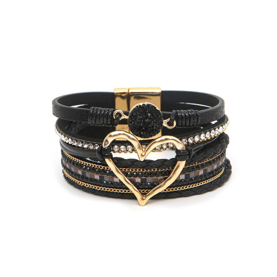 Picture of 1 Piece PU Leather Boho Chic Bohemia Multilayer Layered Bracelet Gold Plated Black Heart 19cm(7 4/8") long