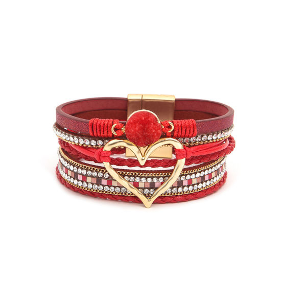 Picture of 1 Piece PU Leather Boho Chic Bohemia Multilayer Layered Bracelet Gold Plated Red Heart 19cm(7 4/8") long