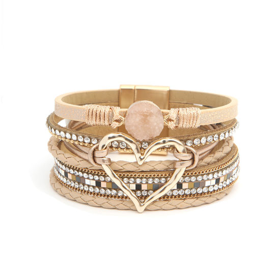 Picture of 1 Piece PU Leather Boho Chic Bohemia Multilayer Layered Bracelet Gold Plated Beige Heart 19cm(7 4/8") long