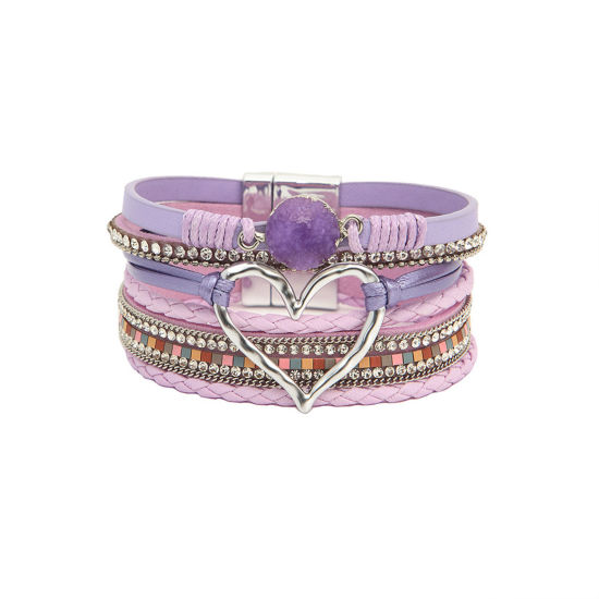 Picture of 1 Piece PU Leather Boho Chic Bohemia Multilayer Layered Bracelet Silver Tone Purple Heart 19cm(7 4/8") long