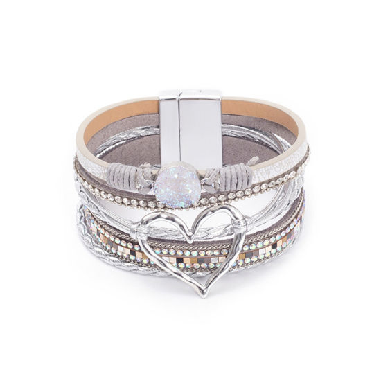 Bild von 1 Strang PU Kunstleder Böhmischer Stil Mehrschichtiges Armband Silberfarbe Silbergrau Herz 19cm lang