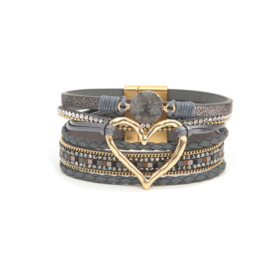 Picture of 1 Piece PU Leather Boho Chic Bohemia Multilayer Layered Bracelet Gold Plated Gray Heart 19cm(7 4/8") long
