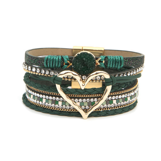 Picture of 1 Piece PU Leather Boho Chic Bohemia Multilayer Layered Bracelet Gold Plated Green Heart 19cm(7 4/8") long