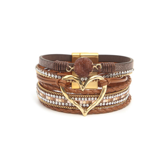 Picture of 1 Piece PU Leather Boho Chic Bohemia Multilayer Layered Bracelet Gold Plated Coffee Heart 19cm(7 4/8") long