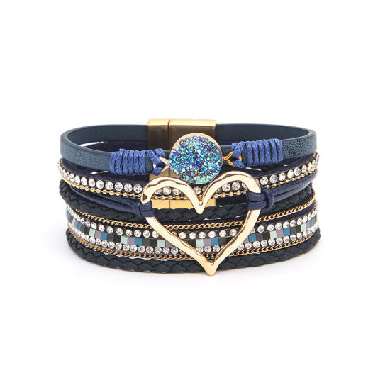 Picture of 1 Piece PU Leather Boho Chic Bohemia Multilayer Layered Bracelet Gold Plated Royal Blue Heart 19cm(7 4/8") long