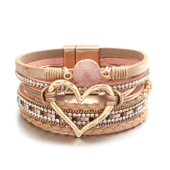 Picture of 1 Piece PU Leather Boho Chic Bohemia Multilayer Layered Bracelet Gold Plated Champagne Heart 19cm(7 4/8") long