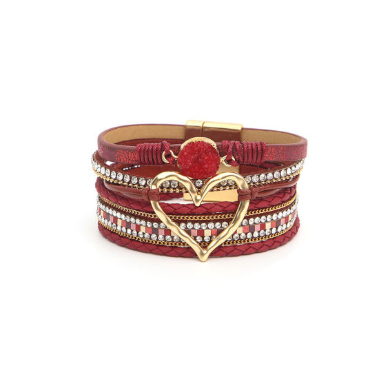 Picture of 1 Piece PU Leather Boho Chic Bohemia Multilayer Layered Bracelet Gold Plated Wine Red Heart 19cm(7 4/8") long