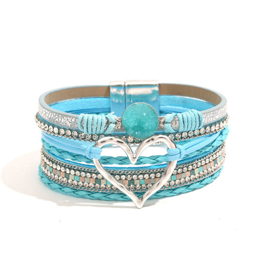 Picture of 1 Piece PU Leather Boho Chic Bohemia Multilayer Layered Bracelet Gold Plated Lake Blue Heart 19cm(7 4/8") long