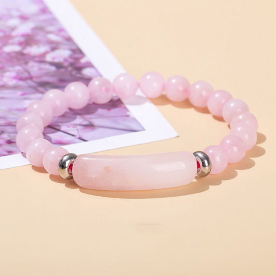Picture of 1 Piece Rose Quartz Boho Chic Bohemia Dainty Bracelets Delicate Bracelets Beaded Bracelet Pink Curved Tube Elastic 18cm(7 1/8") long