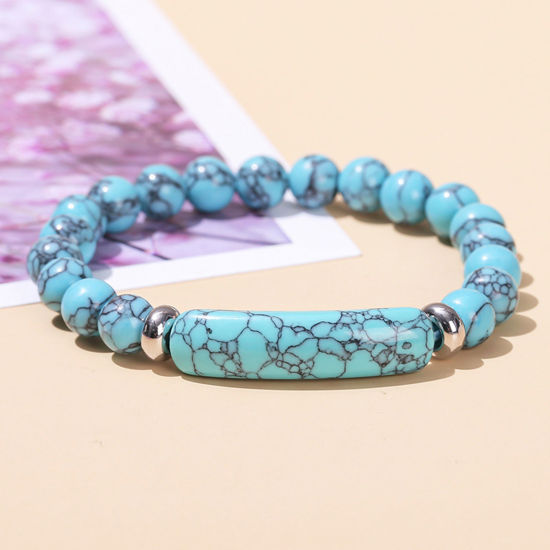 Picture of 1 Piece Turquoise Boho Chic Bohemia Dainty Bracelets Delicate Bracelets Beaded Bracelet Blue Curved Tube Elastic 18cm(7 1/8") long