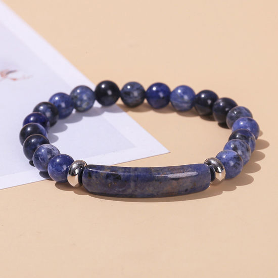 Picture of 1 Piece Blue-vein Stone Boho Chic Bohemia Dainty Bracelets Delicate Bracelets Beaded Bracelet Blue Curved Tube Elastic 18cm(7 1/8") long