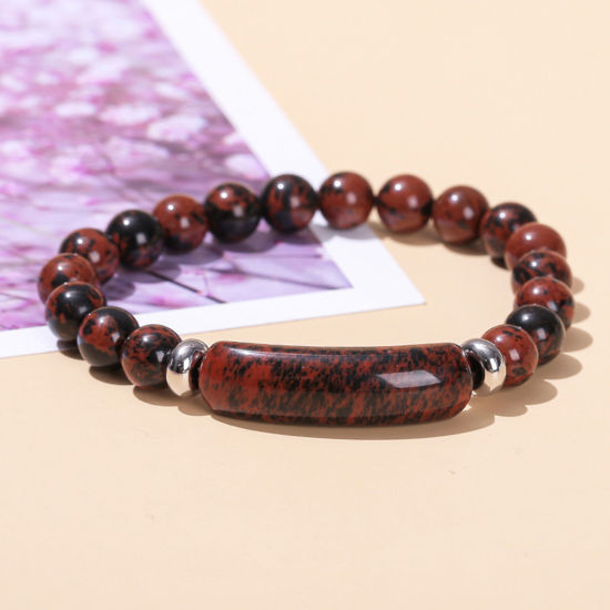 Picture of 1 Piece Stone Boho Chic Bohemia Dainty Bracelets Delicate Bracelets Beaded Bracelet Red Brown Curved Tube Elastic 18cm(7 1/8") long