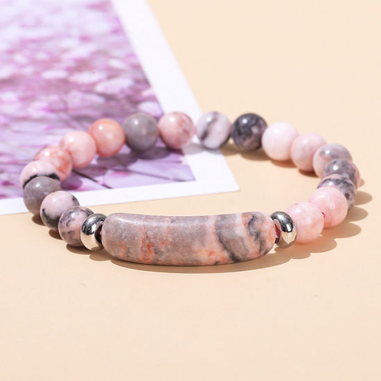 Picture of 1 Piece Stone Boho Chic Bohemia Dainty Bracelets Delicate Bracelets Beaded Bracelet Pink Curved Tube Elastic 18cm(7 1/8") long