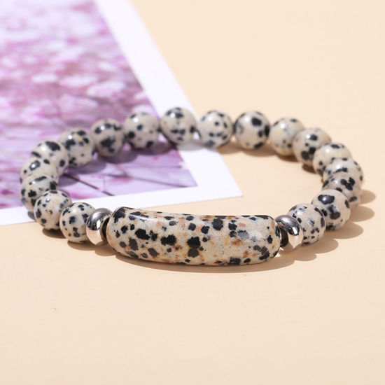 Picture of 1 Piece Speckled Stone Limestone Boho Chic Bohemia Dainty Bracelets Delicate Bracelets Beaded Bracelet Multicolor Curved Tube Elastic 18cm(7 1/8") long