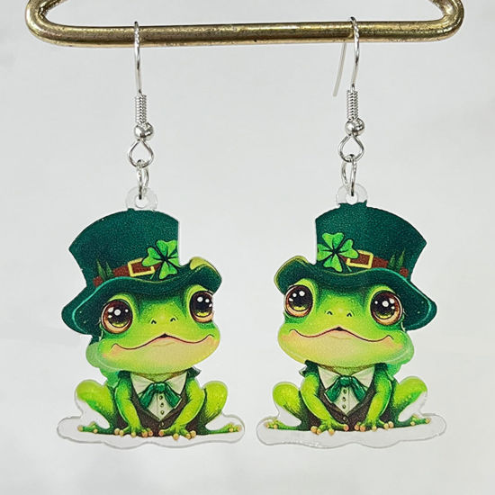 Picture of 1 Pair Acrylic St Patrick's Day Earrings Green & Yellow Frog Animal Hat 6cm