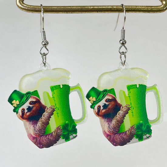 Picture of 1 Pair Acrylic St Patrick's Day Earrings Green & Brown Beer Mug Raccoon 6cm