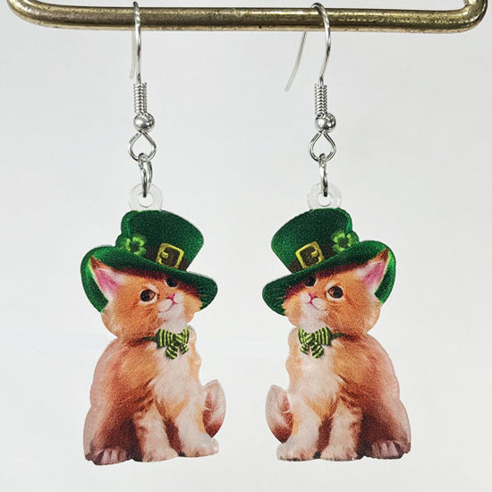 Picture of 1 Pair Acrylic St Patrick's Day Earrings Multicolor Cat Animal Hat 6cm