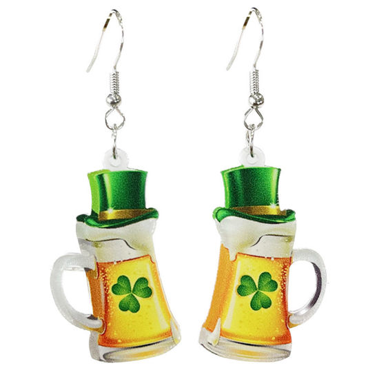 Picture of 1 Pair Acrylic St Patrick's Day Earrings Green & Orange Beer Mug Hat 6cm