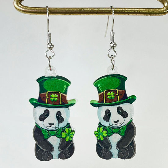 Picture of 1 Pair Acrylic St Patrick's Day Earrings Black & Green Panda Animal 6cm