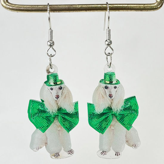 Picture of 1 Pair Acrylic St Patrick's Day Earrings White & Green Dog Animal Bowknot 6cm