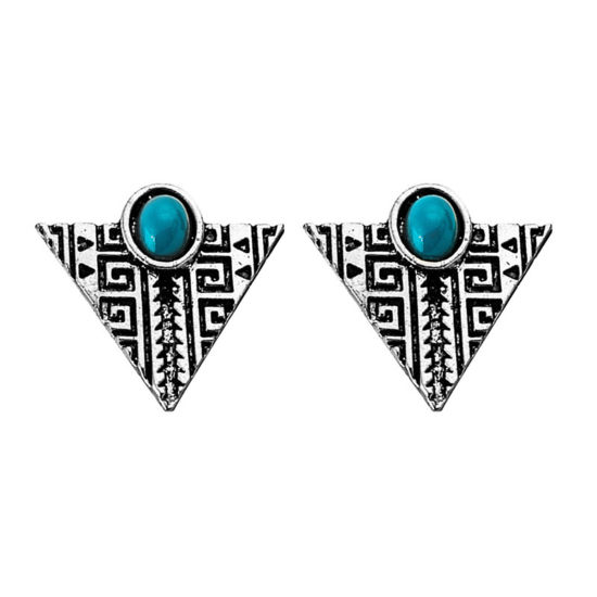 Picture of 1 Pair Boho Chic Bohemia Ear Post Stud Earrings Antique Silver Color Triangle 1.7cm