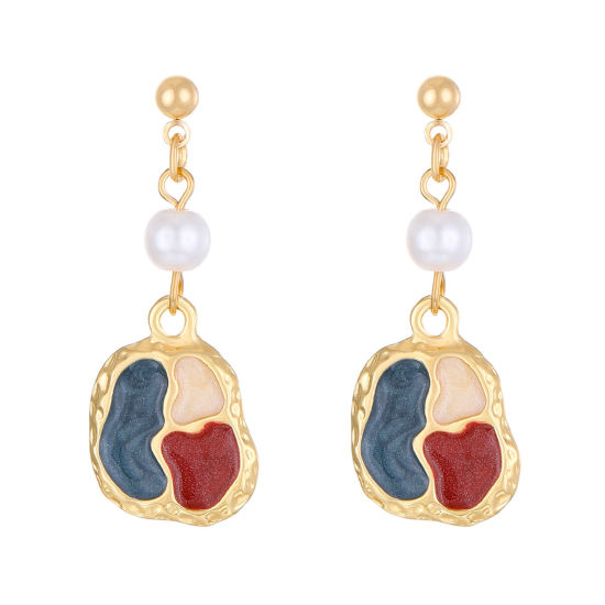 Picture of 1 Pair Ins Style Earrings KC Gold Plated Painting Imitation Pearl 4cm x 1.5cm
