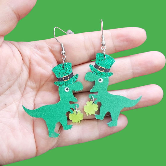 Picture of 1 Pair Acrylic St Patrick's Day Earrings Pale Yellow & Green Dinosaur Animal Hat 6.5cm