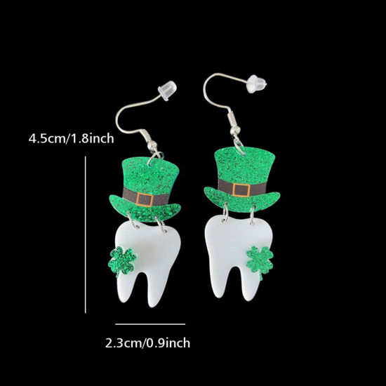 Picture of 1 Pair Acrylic St Patrick's Day Earrings White & Green Tooth Hat 6.5cm