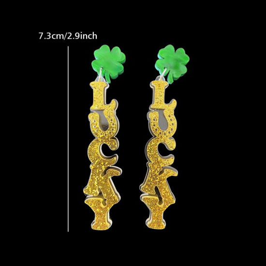 Picture of 1 Pair Acrylic St Patrick's Day Earrings Green & Yellow Message " Lucky " 6.5cm