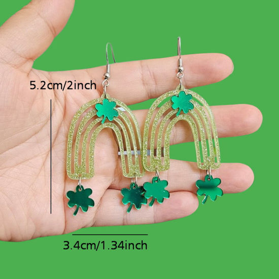 Picture of 1 Pair Acrylic St Patrick's Day Earrings Pale Yellow & Green Rainbow Leaf 6.5cm