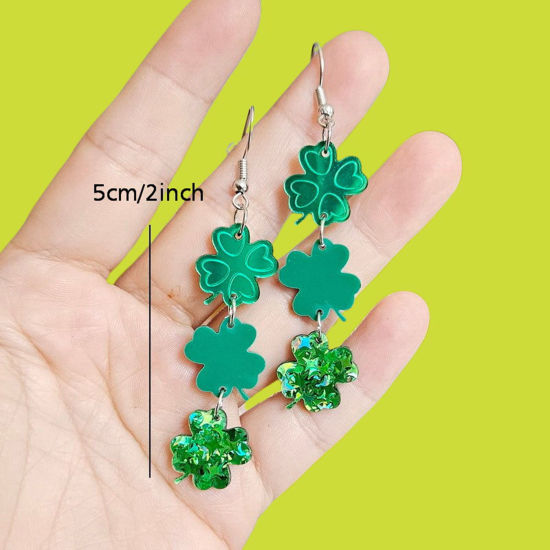 Picture of 1 Pair Acrylic St Patrick's Day Earrings Green Leaf Heart 6.5cm