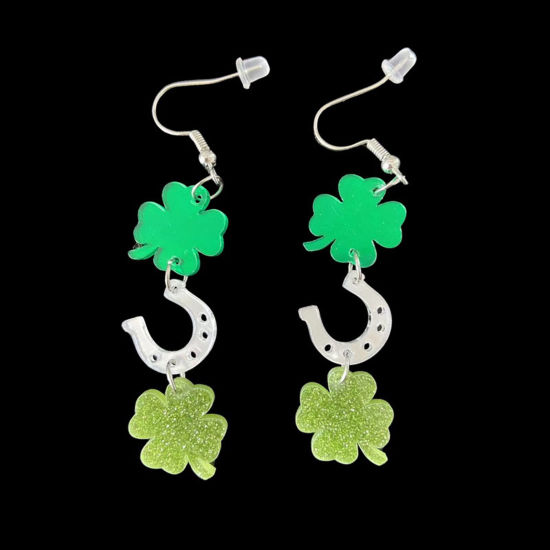 Picture of 1 Pair Acrylic St Patrick's Day Earrings Multicolor Luck Horseshoe Leaf 6.5cm