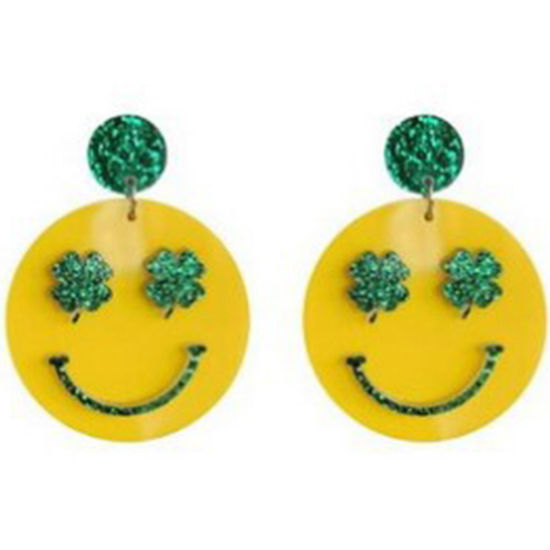 Picture of 1 Pair Acrylic St Patrick's Day Earrings Green & Yellow Round Smile 6.5cm