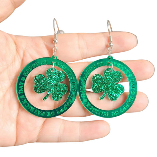 Picture of 1 Pair Acrylic St Patrick's Day Earrings Green Circle Ring Leaf 6.5cm