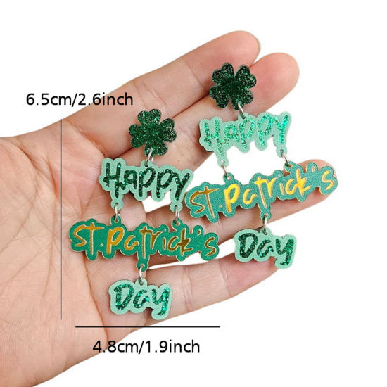 Picture of 1 Pair Acrylic St Patrick's Day Earrings Green Message " Happy St. Patrick's Day " 6.5cm
