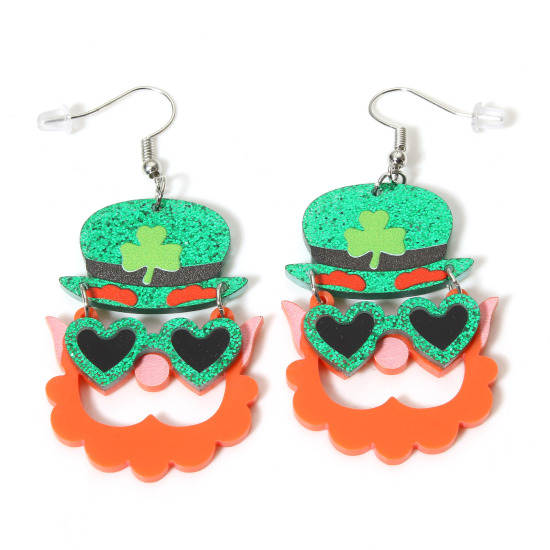 Picture of 1 Pair Acrylic St Patrick's Day Earrings Red & Green Eye Mustache 4.5cm