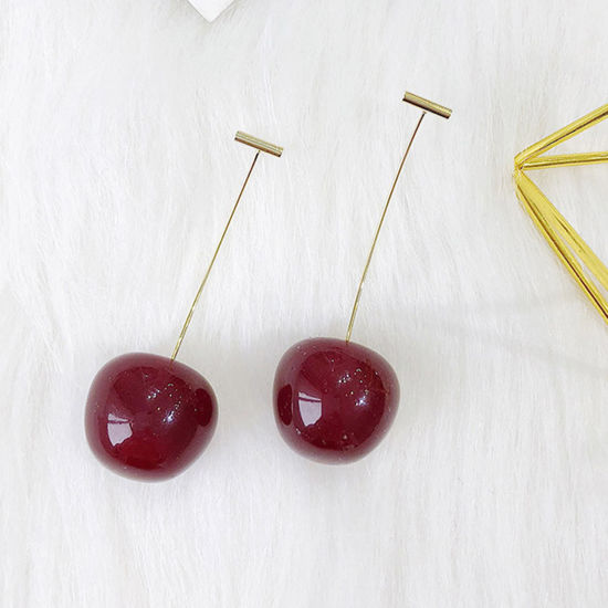 Picture of 1 Pair Ins Style Earrings KC Gold Plated Wine Red Cherry Fruit 5cm long