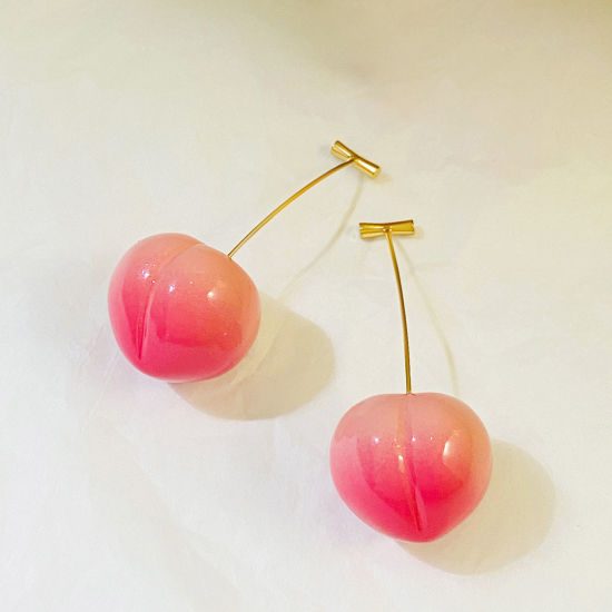 Picture of 1 Pair Ins Style Earrings KC Gold Plated Peach Pink Cherry Fruit 8cm