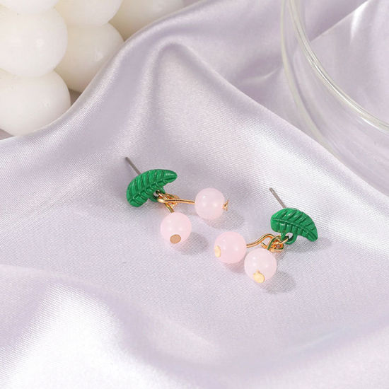 Picture of 1 Pair Ins Style Earrings KC Gold Plated Pink Cherry Fruit 3cm